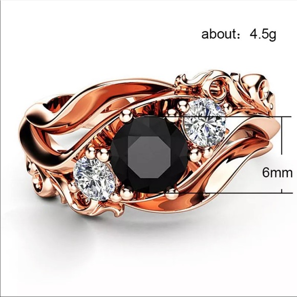 New Rose Gold Plated Unique Black Stone Prong Setting Twist Band Sapphire Ring - Picture 6 of 13